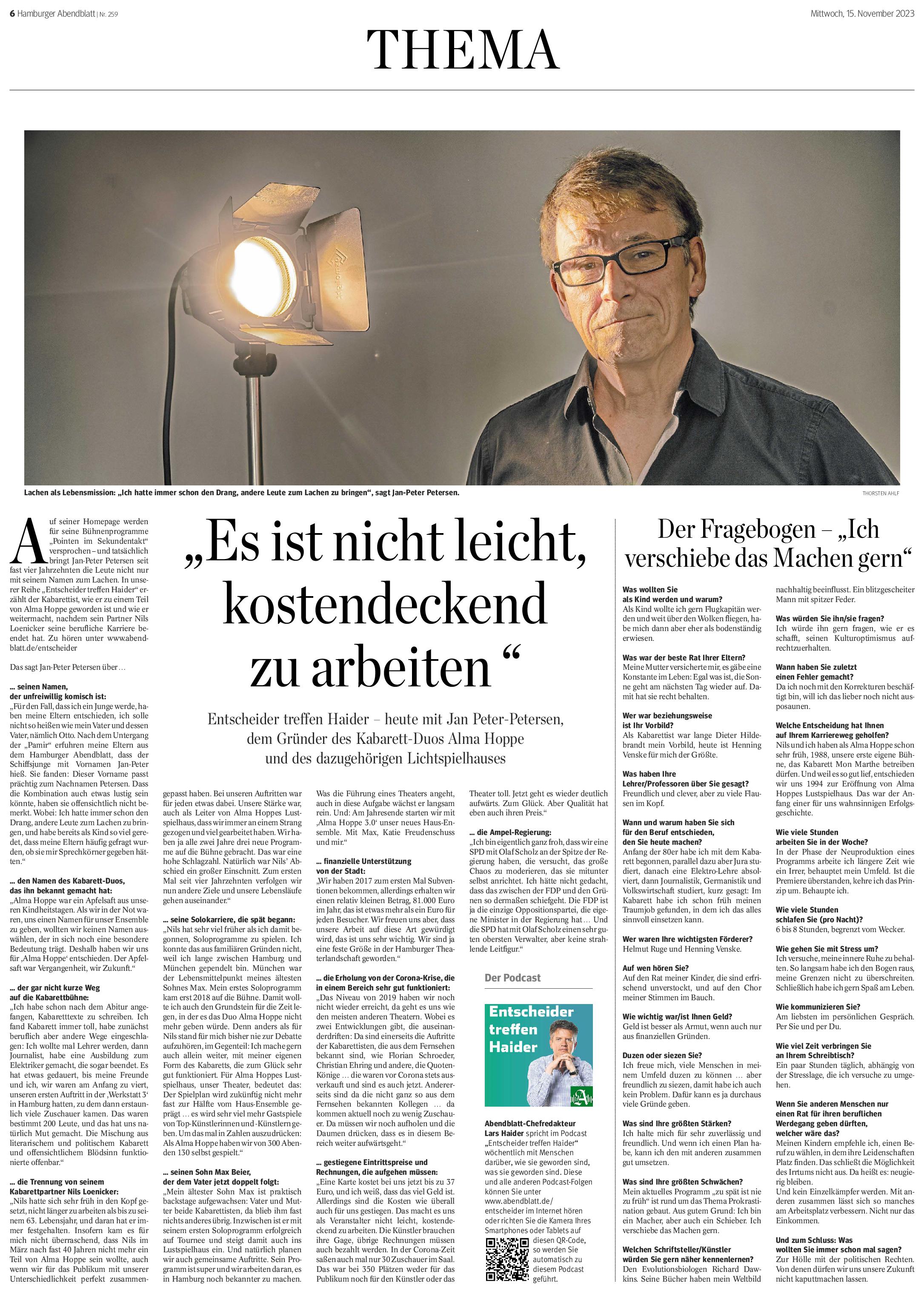 Jan-Peter Petersen im Interview mit Lars Haider (Hamburger Abendblatt)